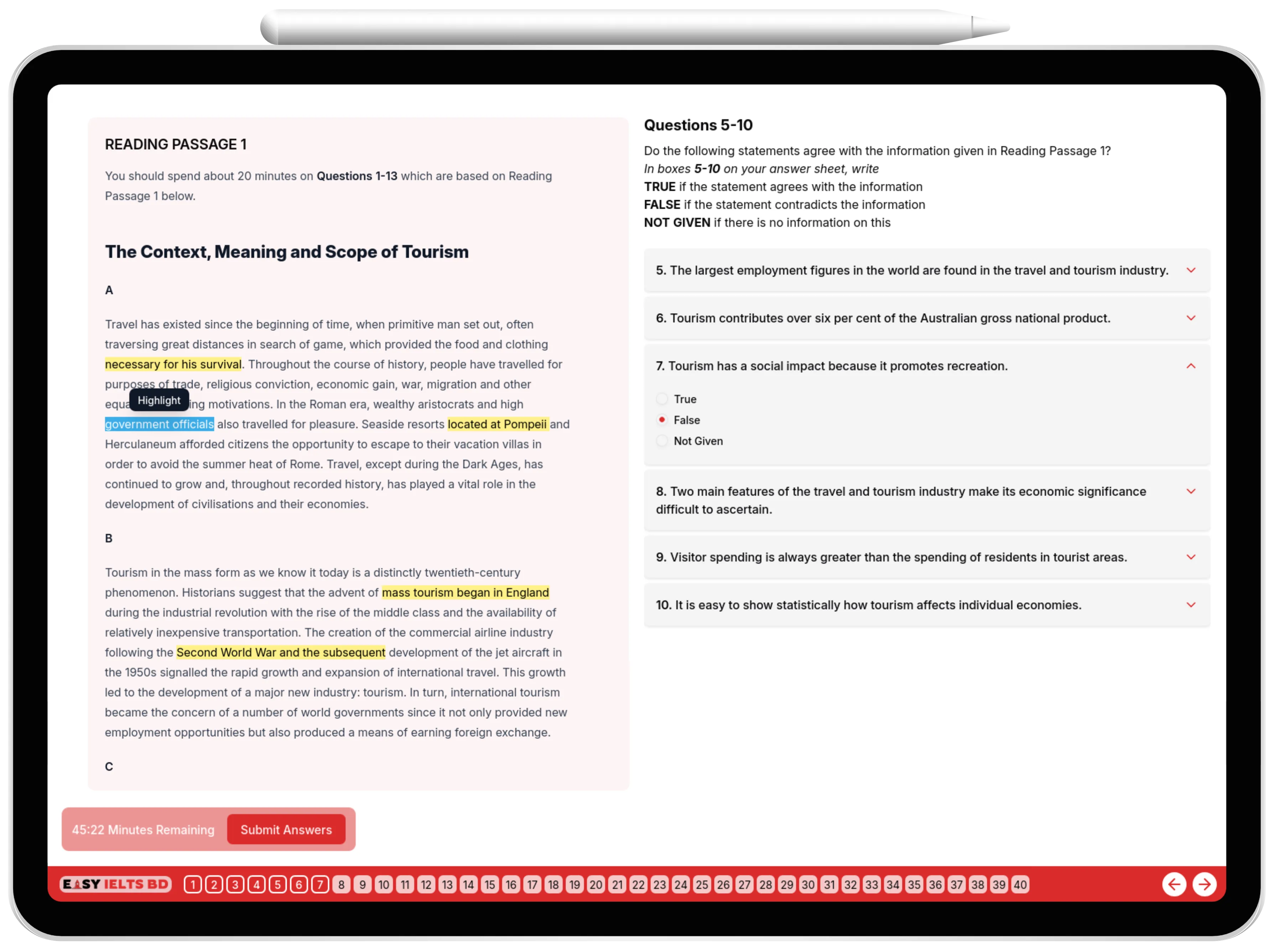 ielts test interface mockup on ipad screen